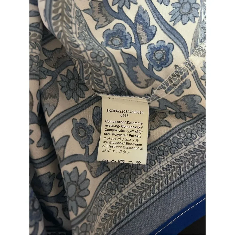 Blue & White Floral Puff Sleeve Flowy Midi Dress Smocked Waist M NWOT - Picture 12 of 13